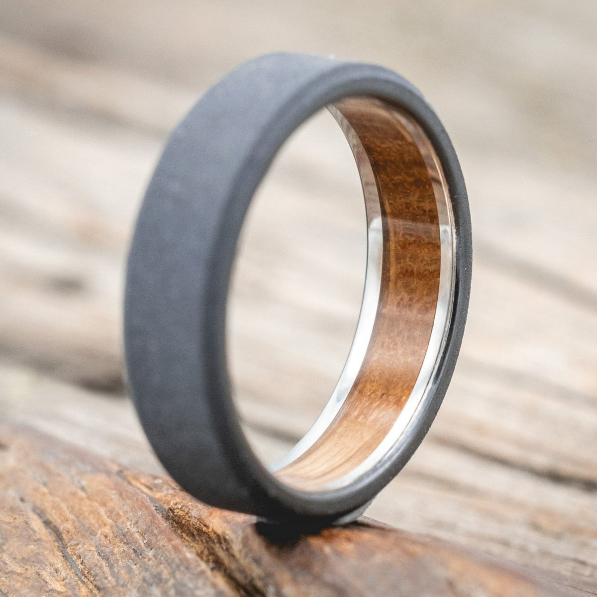 "Hyperion" - Whiskey Barrel Lined Wedding Band With Custom Finish