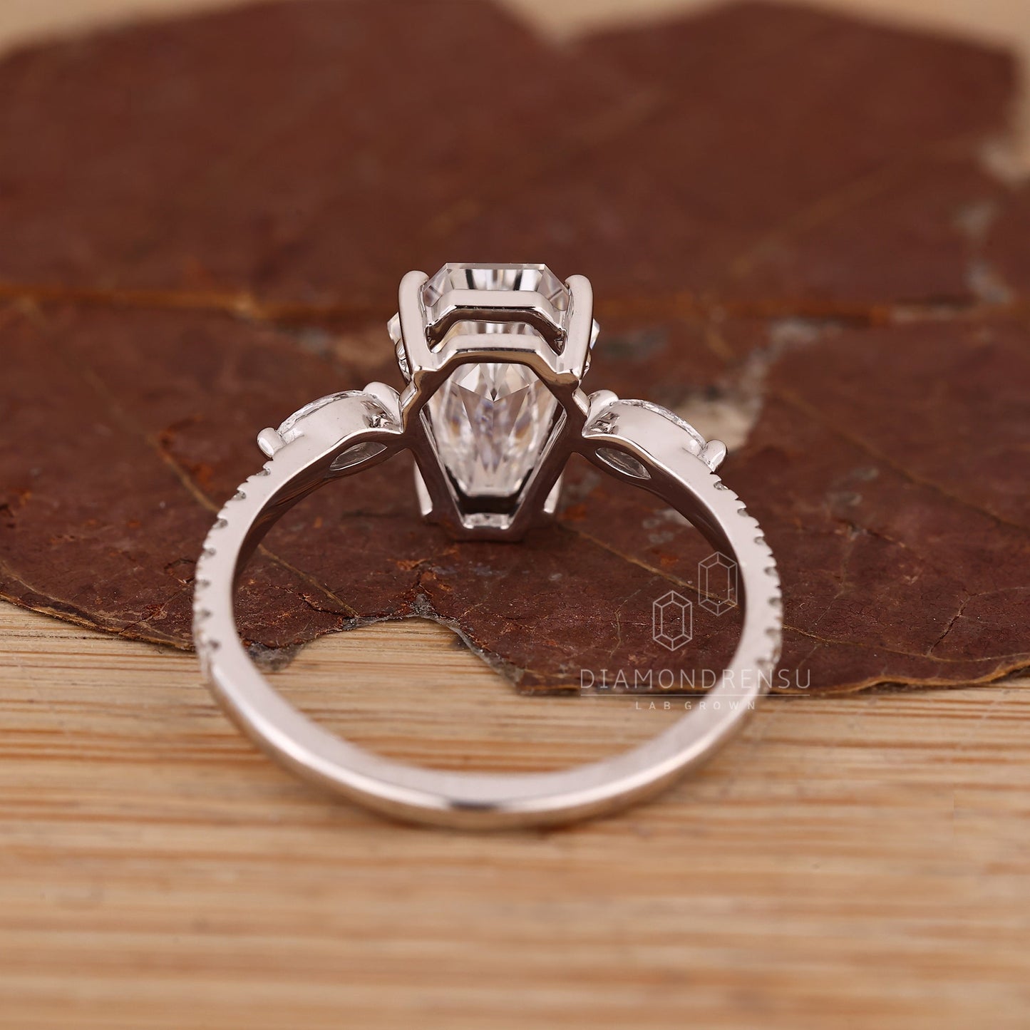 Coffin Shaped Diamond Ring with Marquise Side Stones