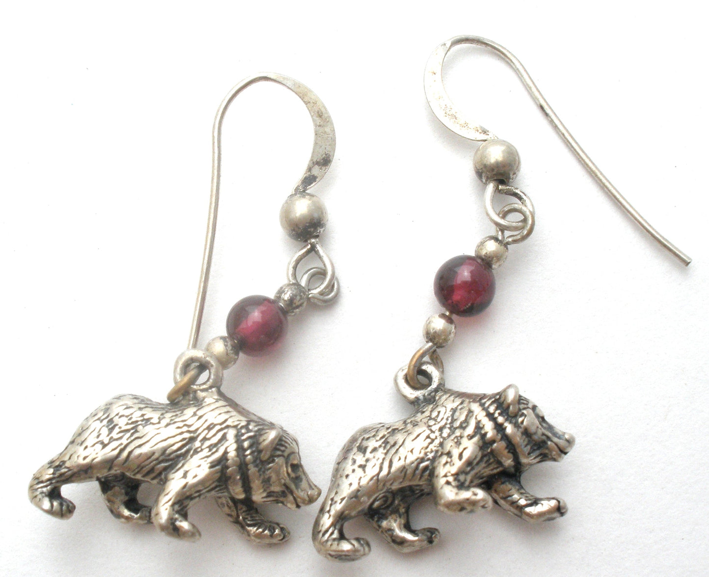 Bear Garnet Bead Dangle Earrings Sterling Silver