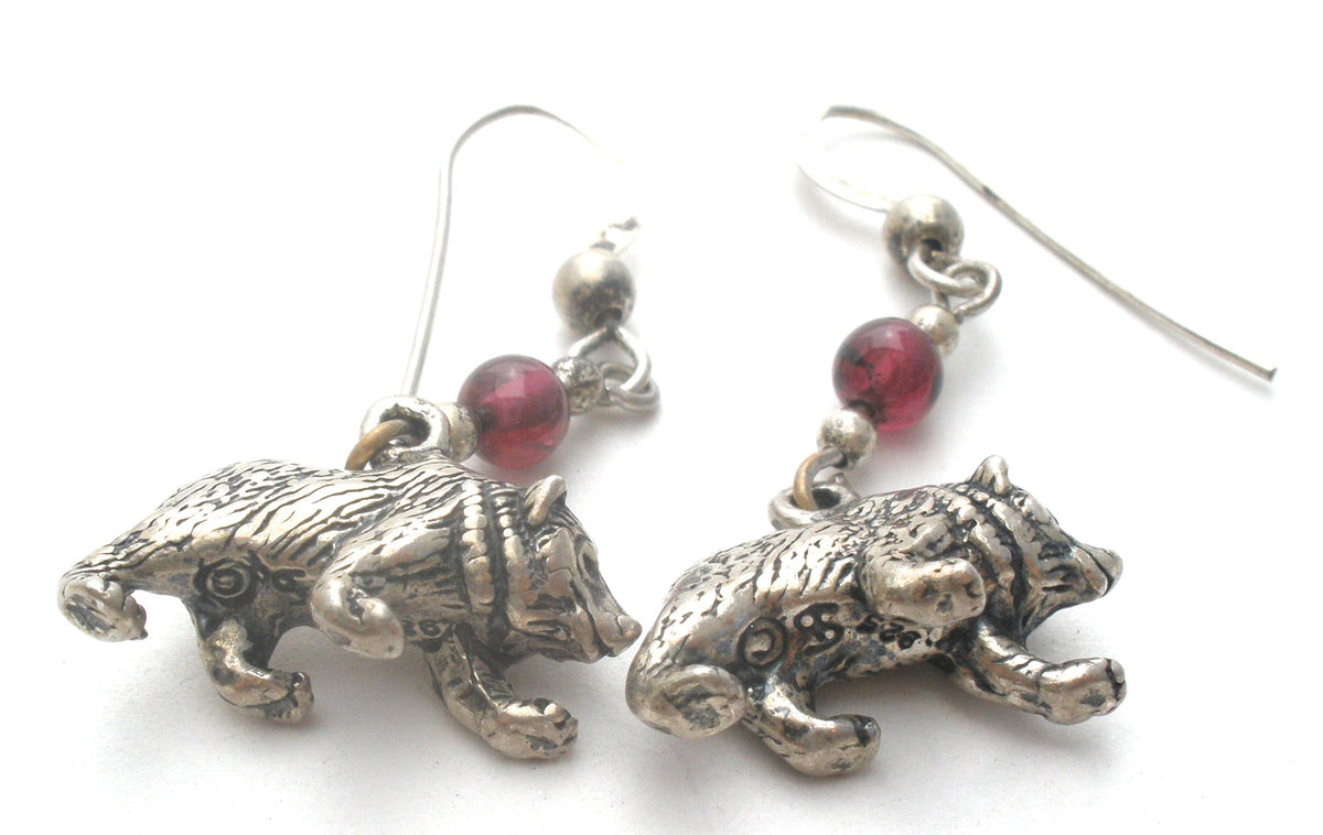Bear Garnet Bead Dangle Earrings Sterling Silver