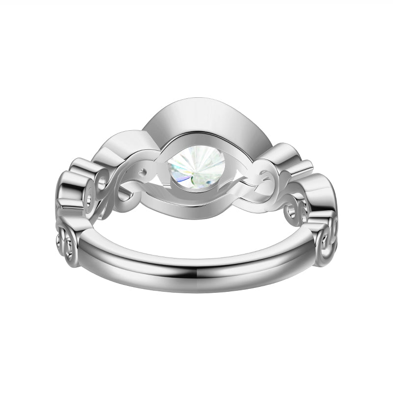 Bezel Set Round Moissanite Scroll Accents Gold Engagement Ring