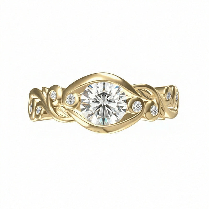 Bezel Set Round Moissanite Scroll Accents Gold Engagement Ring