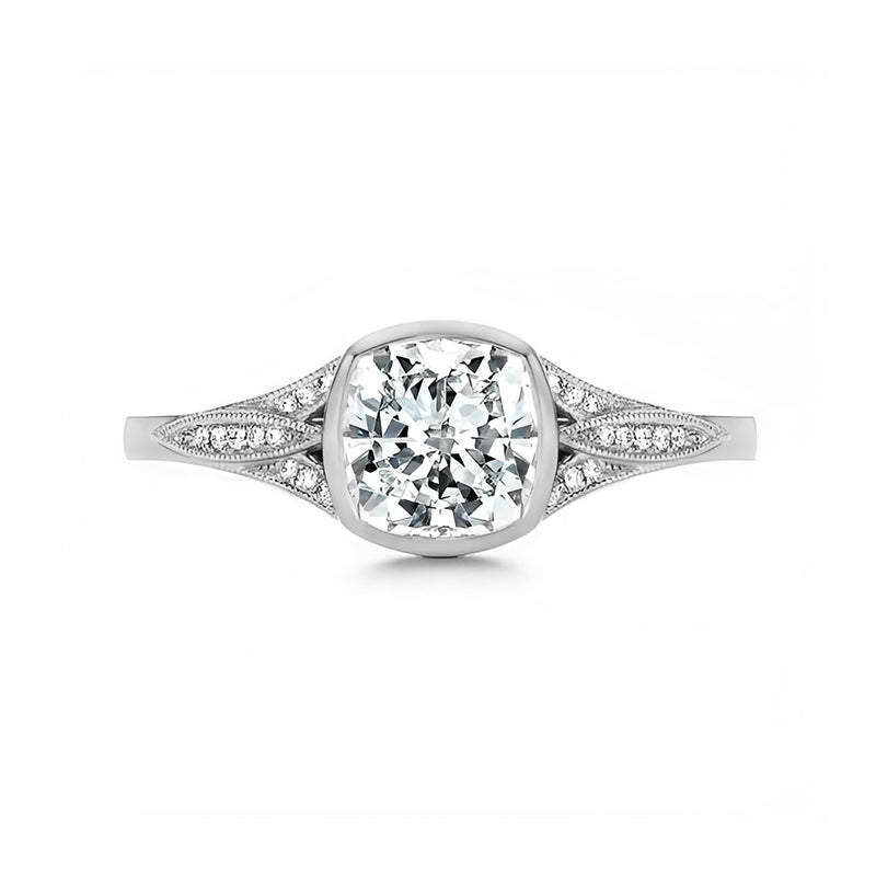 Bezel Cushion Moissanite Filigree Pave Engagement Ring