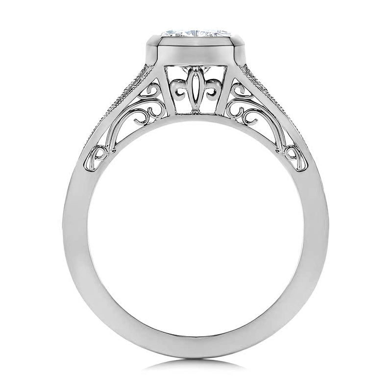 Bezel Cushion Moissanite Filigree Pave Engagement Ring
