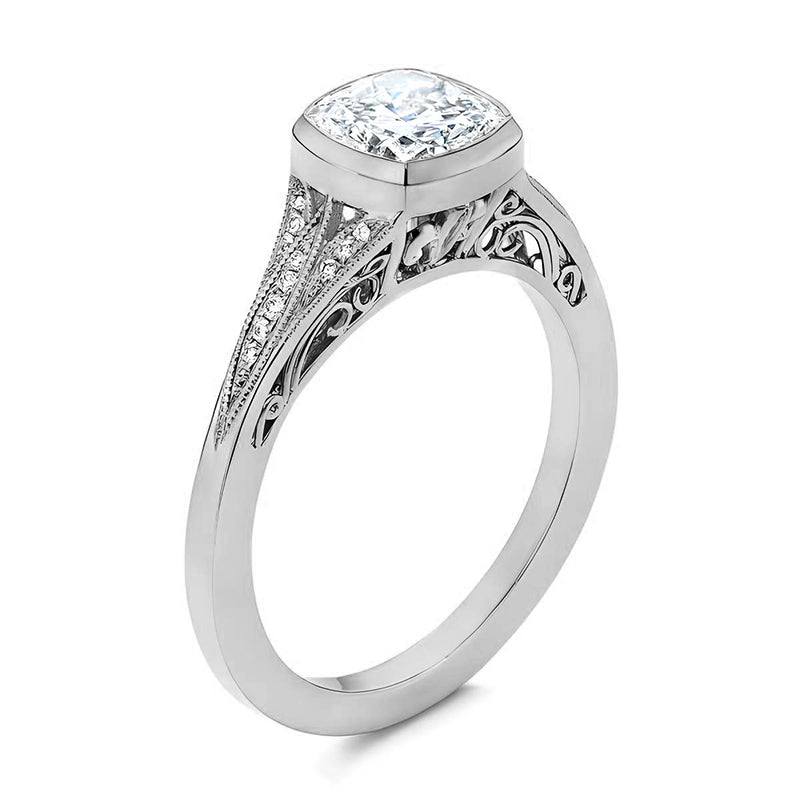 Bezel Cushion Moissanite Filigree Pave Engagement Ring