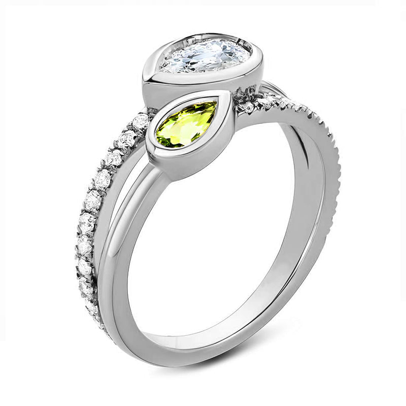 Bezel Double Pear Moissanite Split Shank Pave Engagement Ring