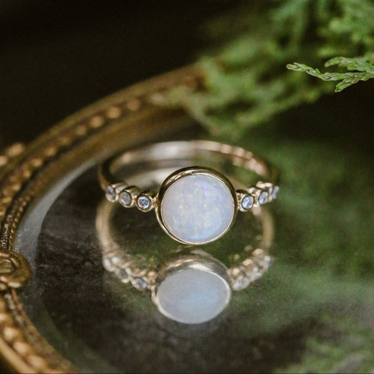 "Alouette" - Round Cabochon Cut Opal Engagement Ring With Diamond Accents - 14K White Gold - Size 6 1/4