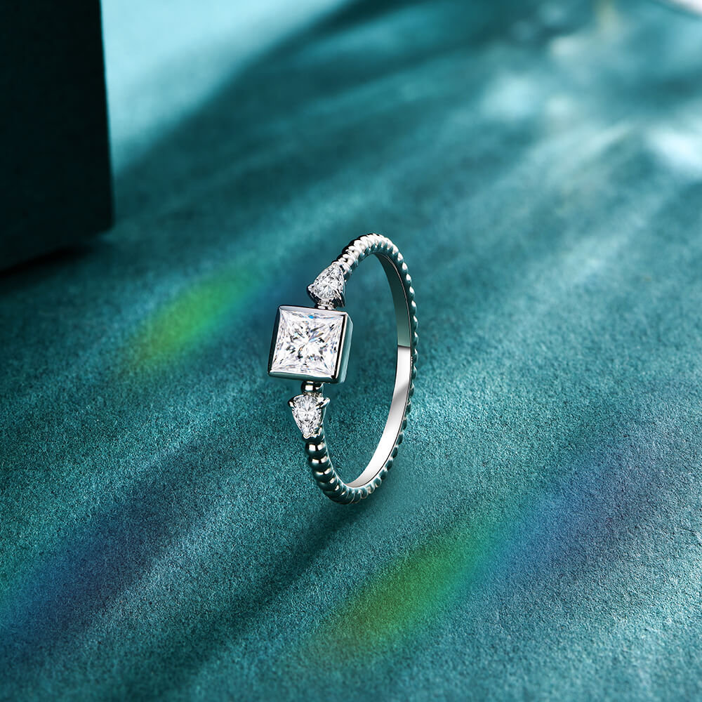 Bezel Princess Moissanite Twisted Rope Bead Engagement Ring