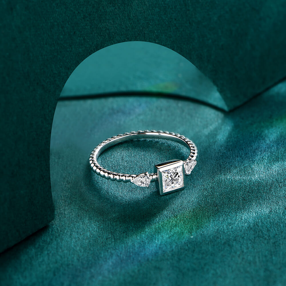 Bezel Princess Moissanite Twisted Rope Bead Engagement Ring