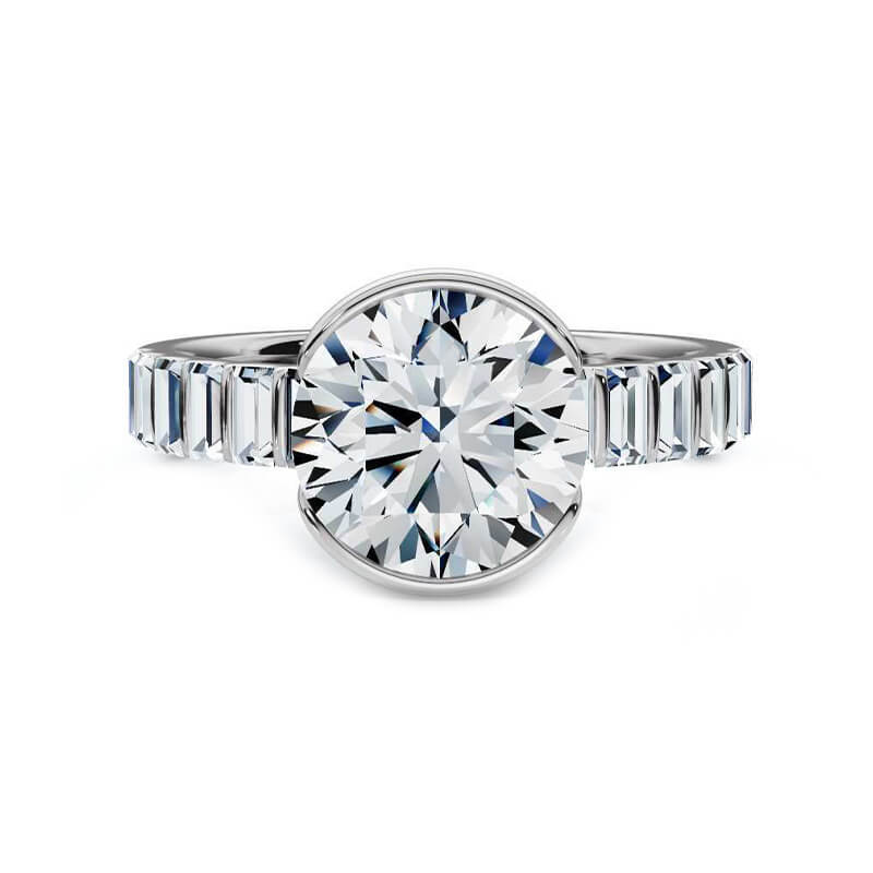 Bezel Round Moissanite Baguette Accents Engagement Ring