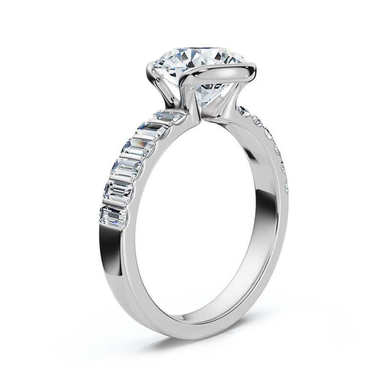Bezel Round Moissanite Baguette Accents Engagement Ring