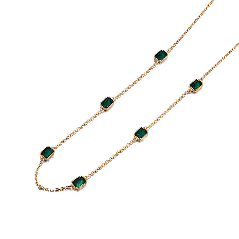 Bezel Set Emerald Evenly Spaced Necklace In Sterling Silver