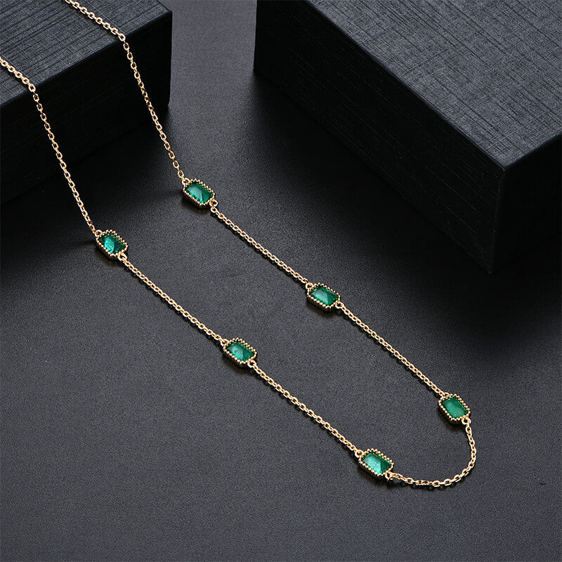 Bezel Set Emerald Evenly Spaced Necklace In Sterling Silver