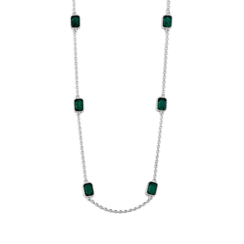 Bezel Set Emerald Evenly Spaced Necklace In Sterling Silver