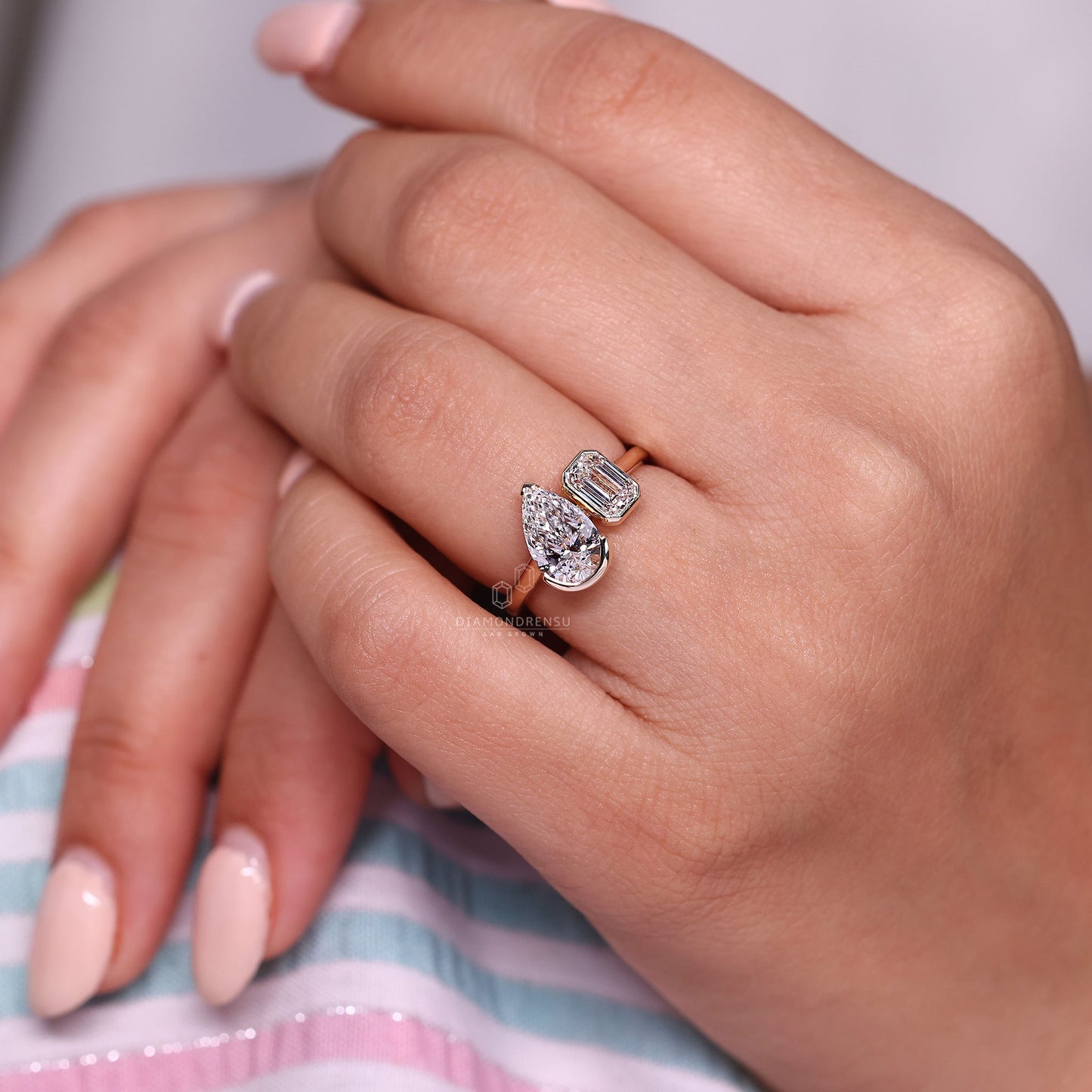 Bezel Set Pear and Emerald Diamond Toi Et Moi Engagement Ring