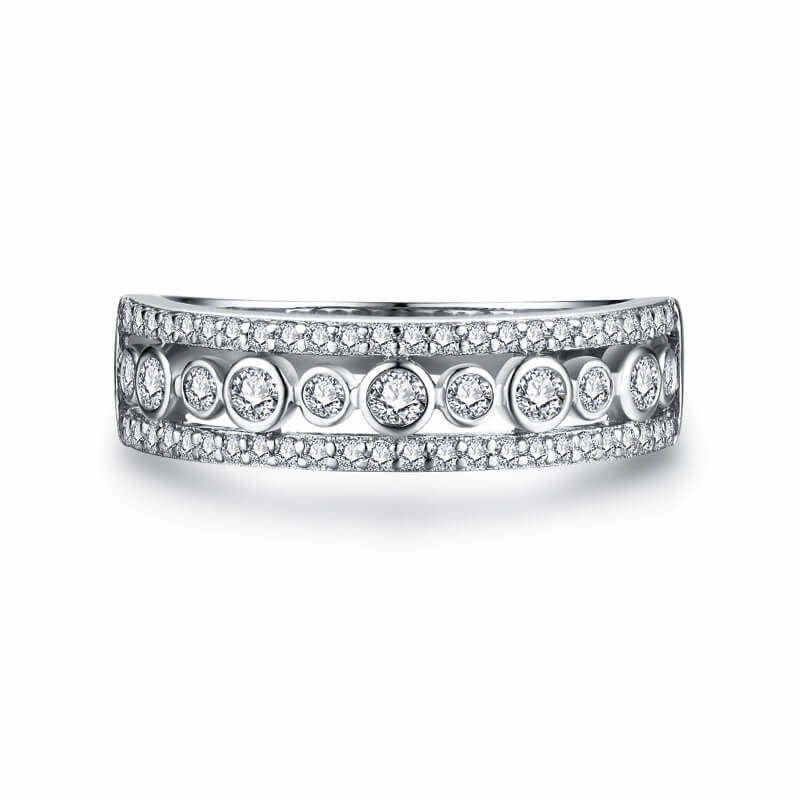 Bezel Set Moissanite Pave Triple Row Half Eternity Wedding Band