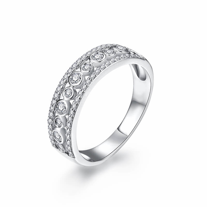 Bezel Set Moissanite Pave Triple Row Half Eternity Wedding Band