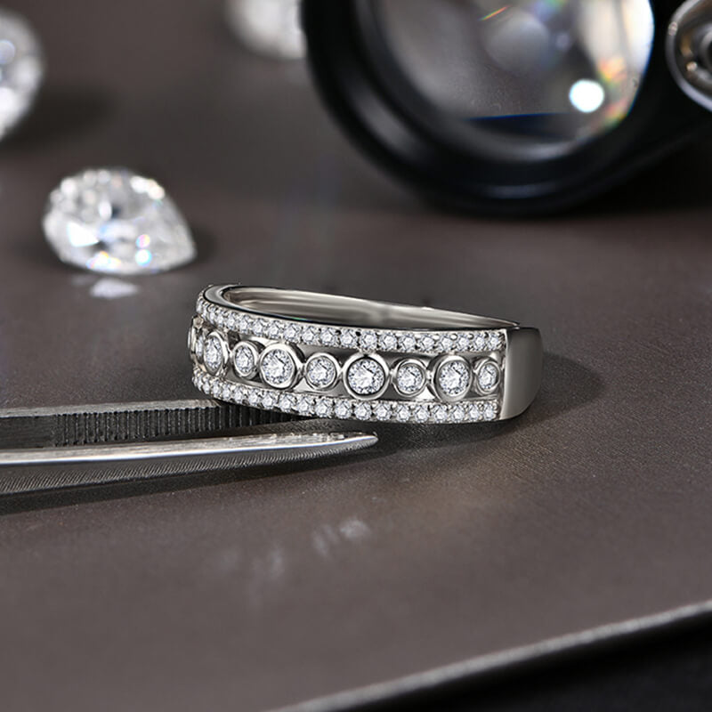 Bezel Set Moissanite Pave Triple Row Half Eternity Wedding Band