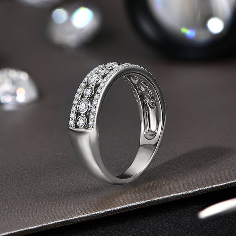 Bezel Set Moissanite Pave Triple Row Half Eternity Wedding Band