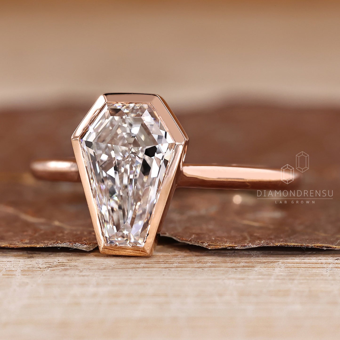 Coffin Cut Solitaire Diamond Ring with Cathedral and Bezel Setting