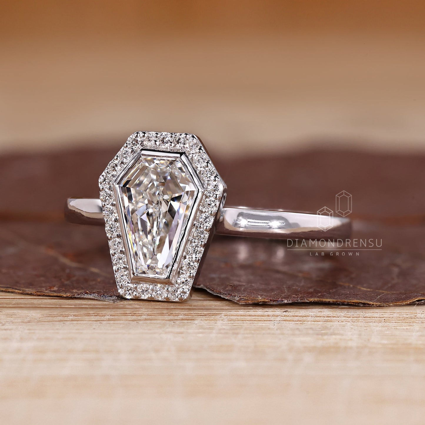 Bezel Set Round Halo Diamond Ring with Coffin Center Stone