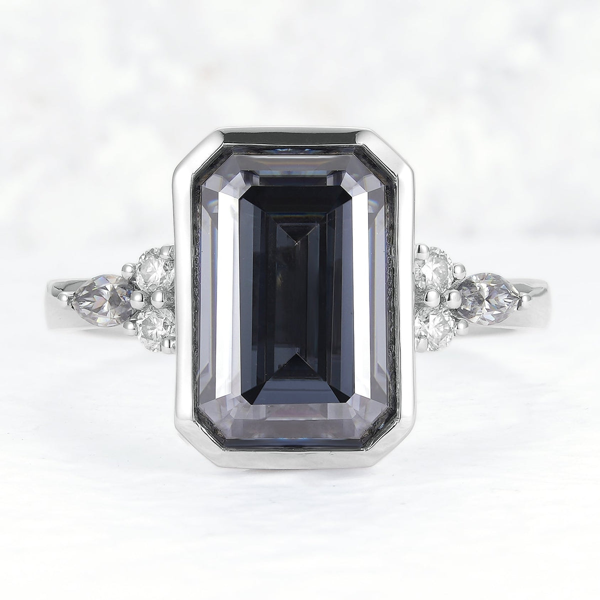 Cluster 3 Carat Emerald Cut Grey Moissanite Bezel Silver Ring