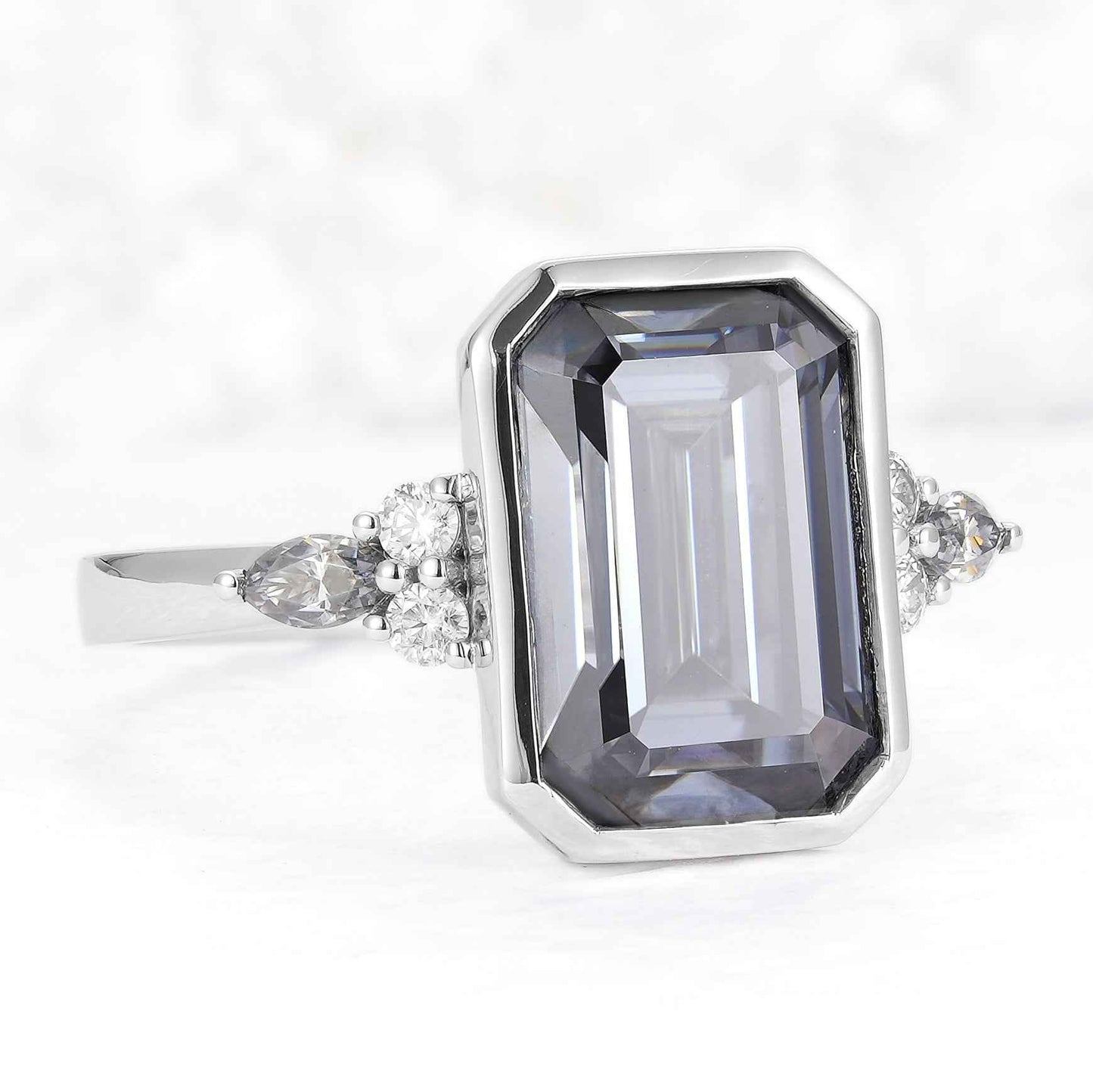 Cluster 3 Carat Emerald Cut Grey Moissanite Bezel Silver Ring