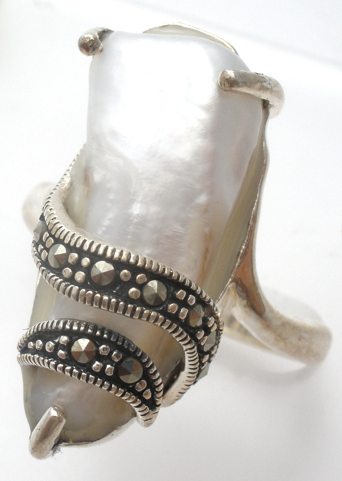 Biwa Pearl & Marcasite Ring Size 10 Sterling