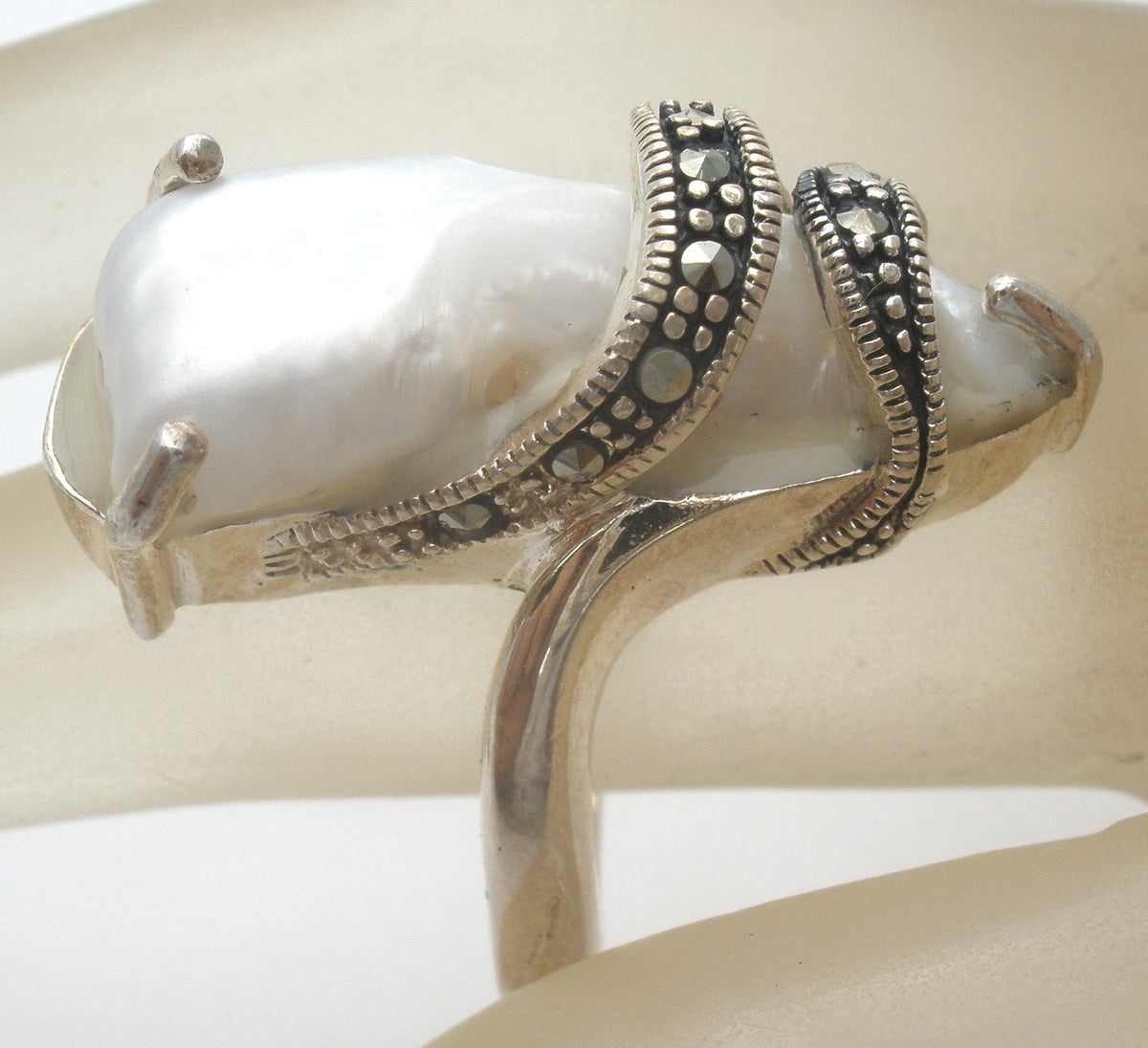 Biwa Pearl & Marcasite Ring Size 10 Sterling