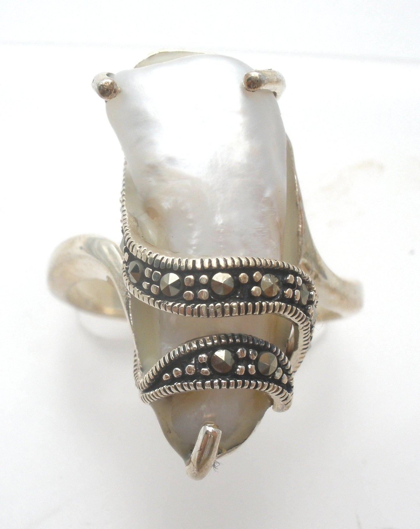 Biwa Pearl & Marcasite Ring Size 10 Sterling