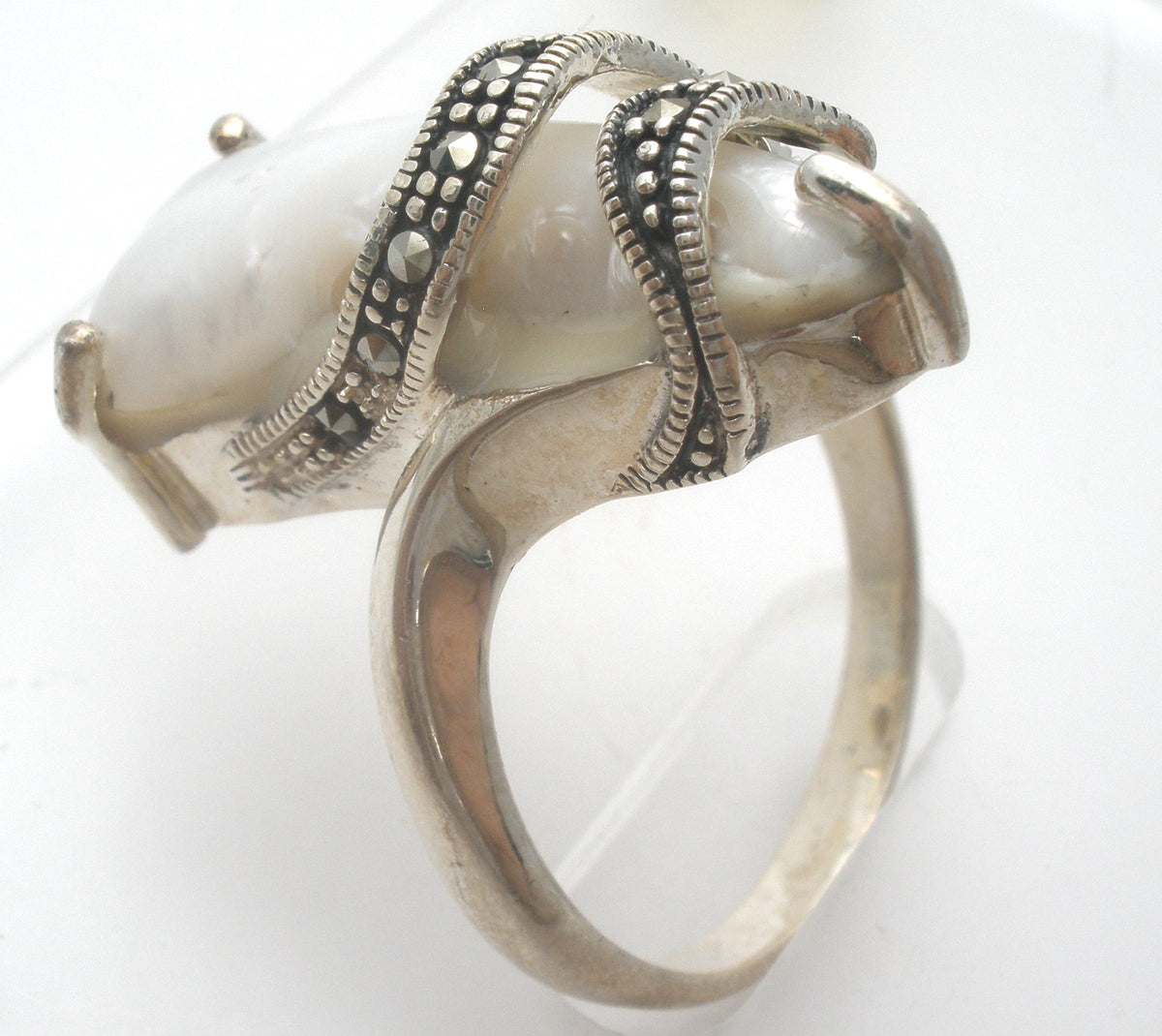 Biwa Pearl & Marcasite Ring Size 10 Sterling