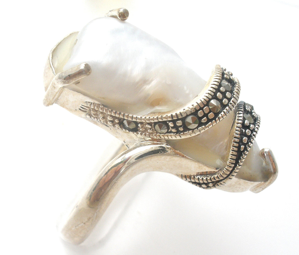 Biwa Pearl & Marcasite Ring Size 10 Sterling
