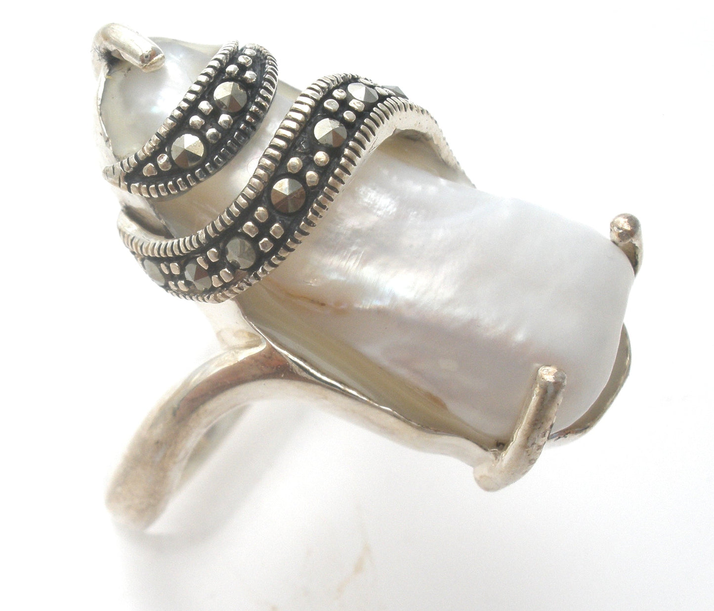 Biwa Pearl & Marcasite Ring Size 10 Sterling