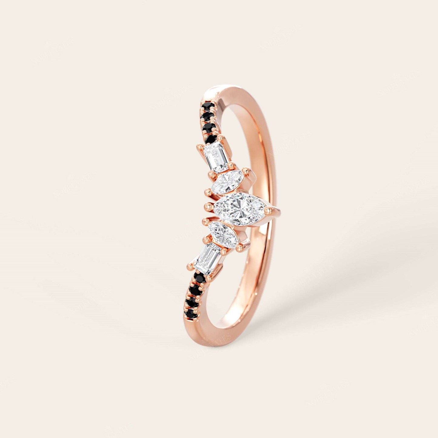 Black Diamond & Lab Grown Diamond Fishtail Curved Wedding Band