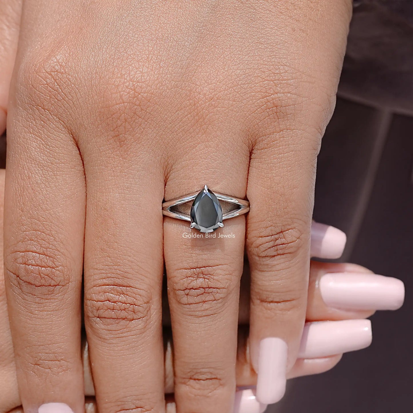 Black Pear Cut Moissanite Split Shank Ring