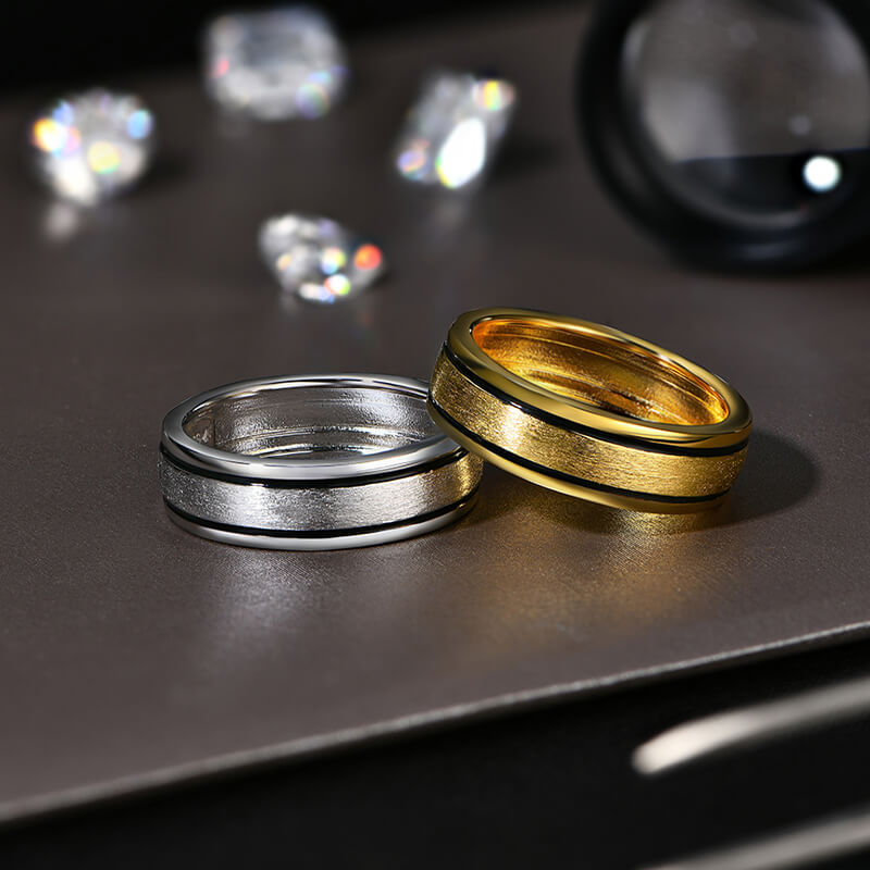 Black Enamel Matte Brush Wedding Band Ring