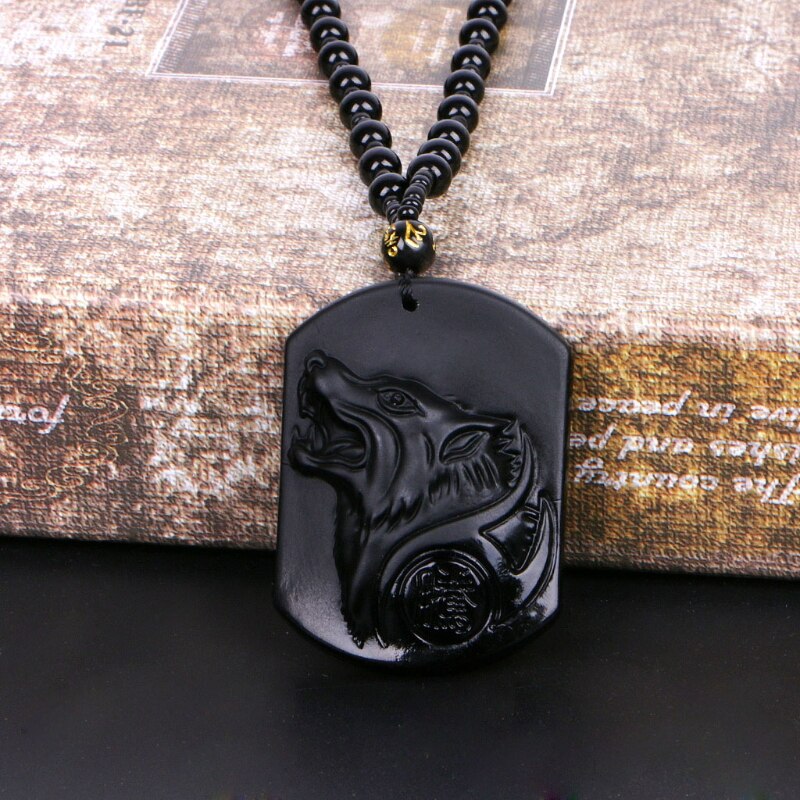Black Obsidian Wolf Pendant Necklace