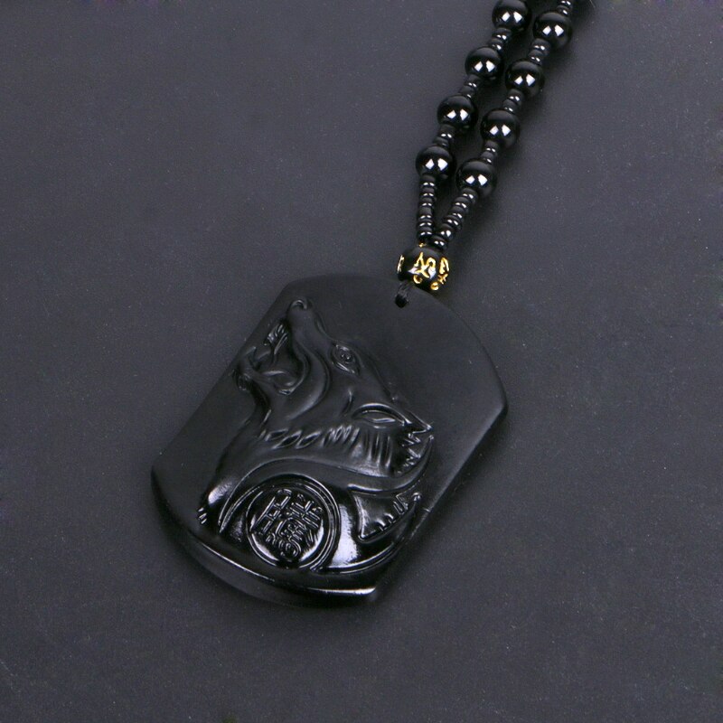 Black Obsidian Wolf Pendant Necklace