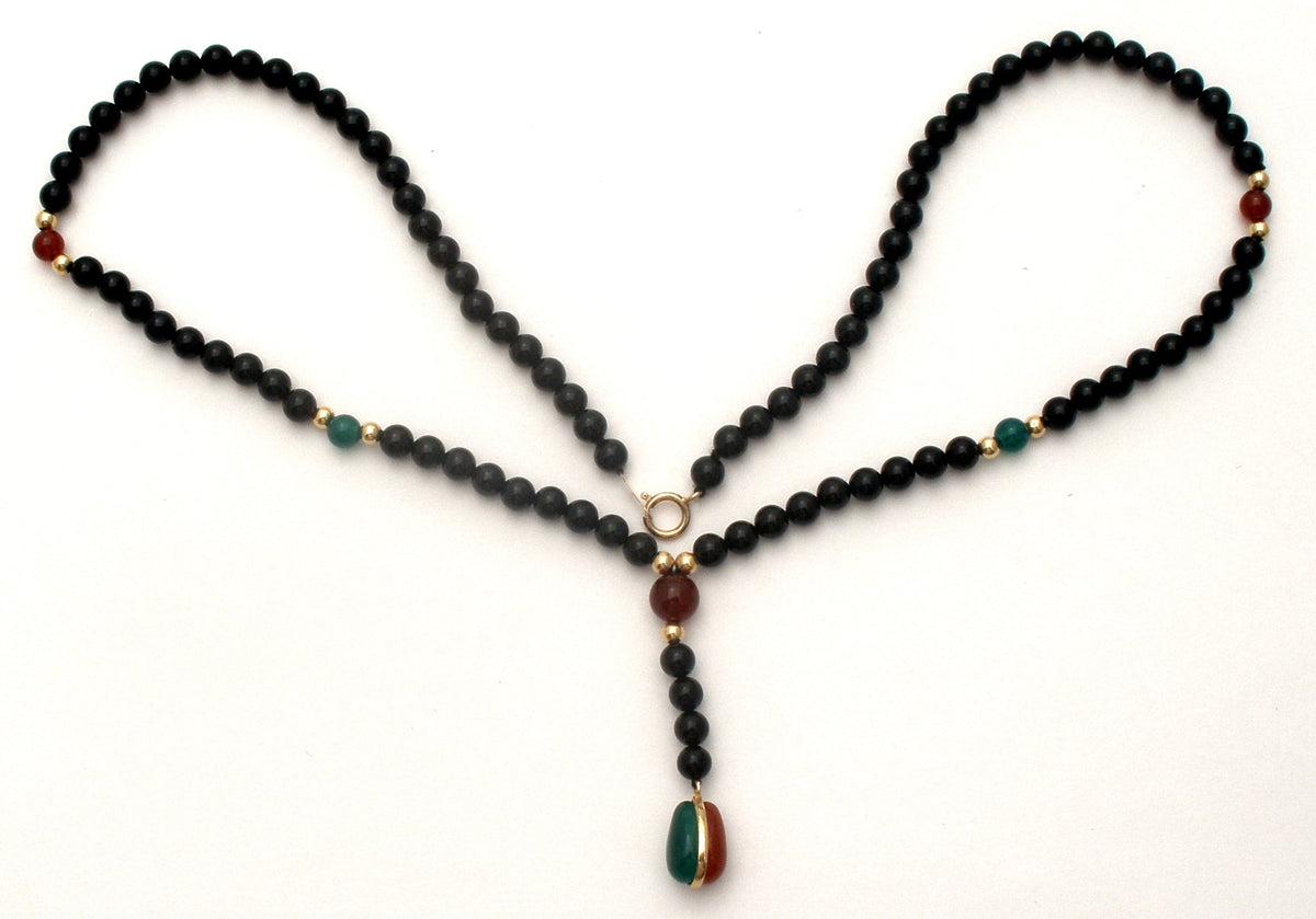 Black Onyx & Jade Bead Necklace 14K Gold