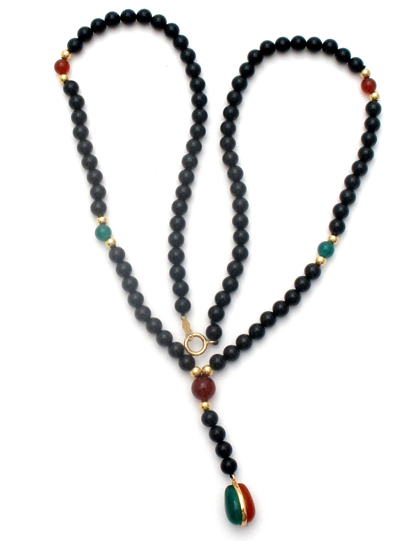 Black Onyx & Jade Bead Necklace 14K Gold