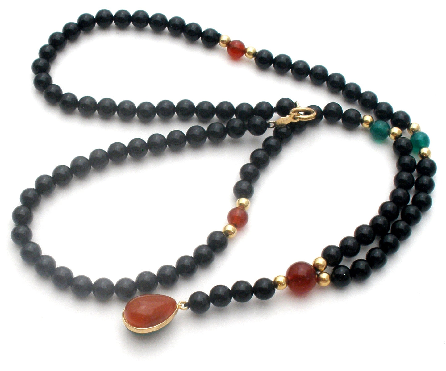 Black Onyx & Jade Bead Necklace 14K Gold