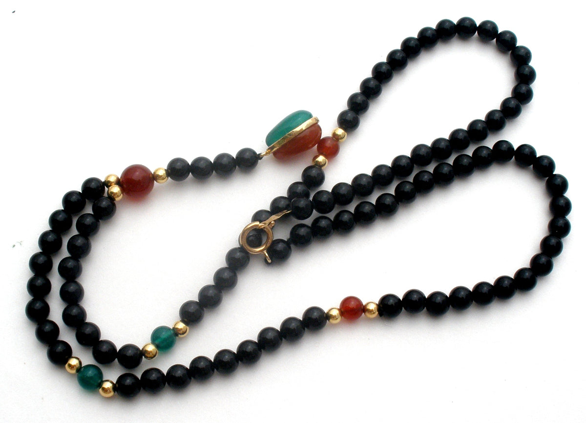 Black Onyx & Jade Bead Necklace 14K Gold
