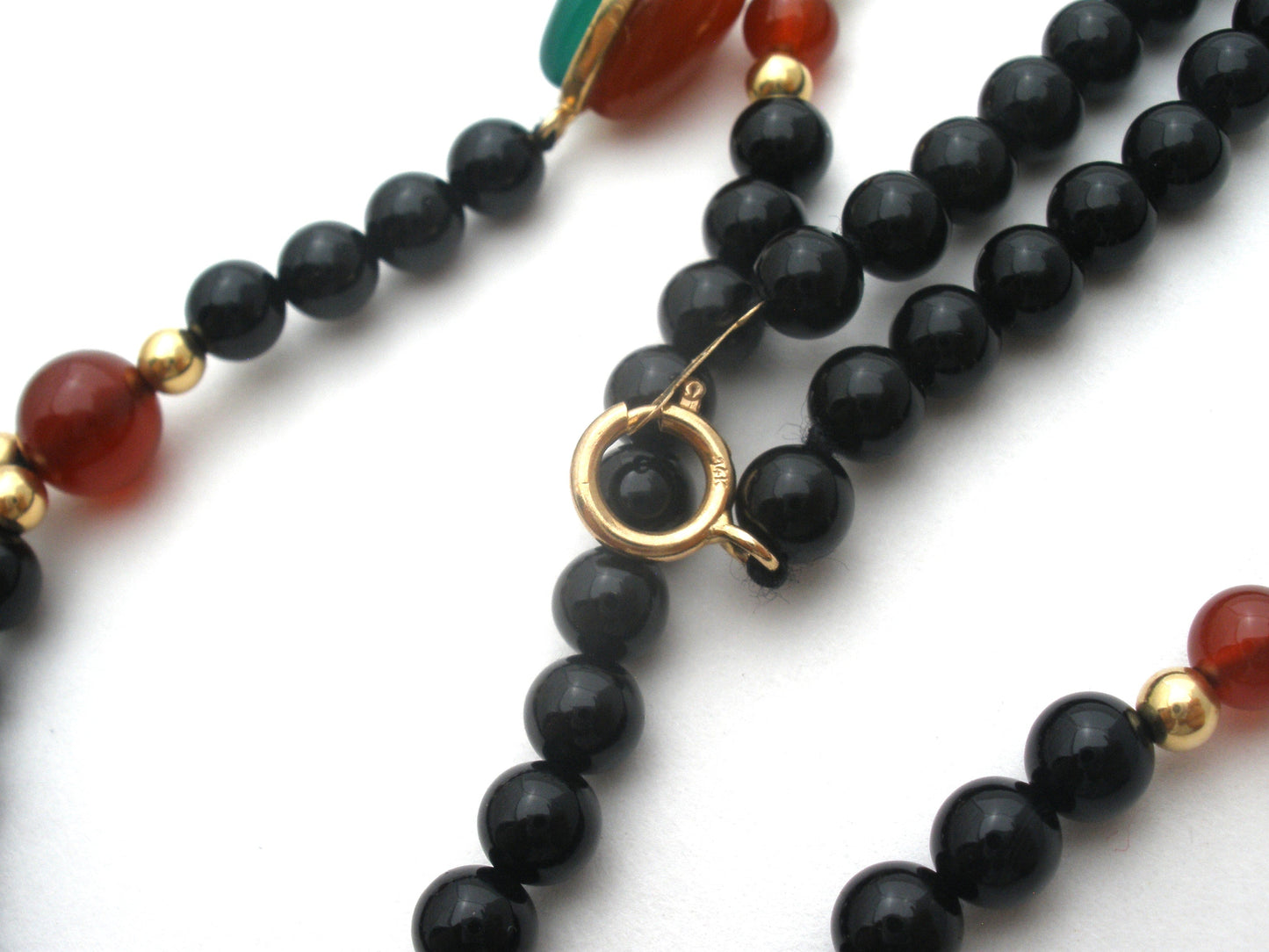 Black Onyx & Jade Bead Necklace 14K Gold