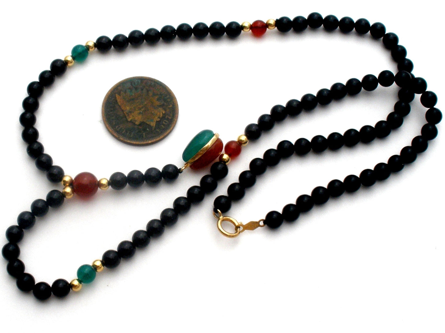 Black Onyx & Jade Bead Necklace 14K Gold