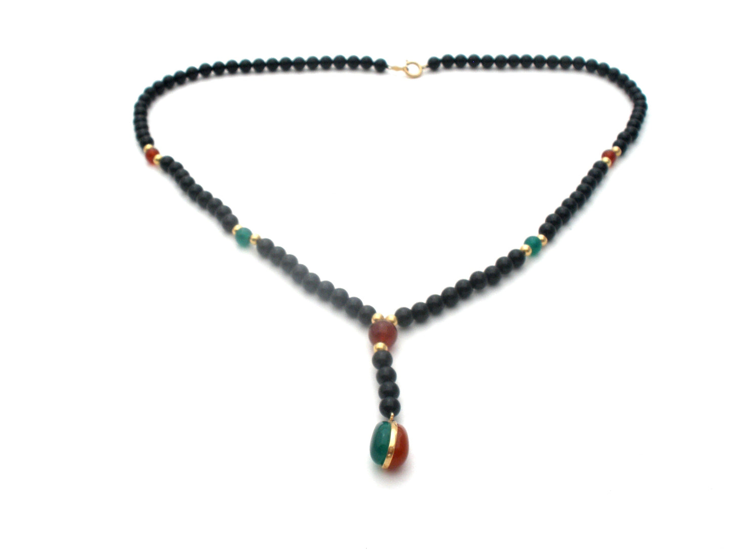 Black Onyx & Jade Bead Necklace 14K Gold