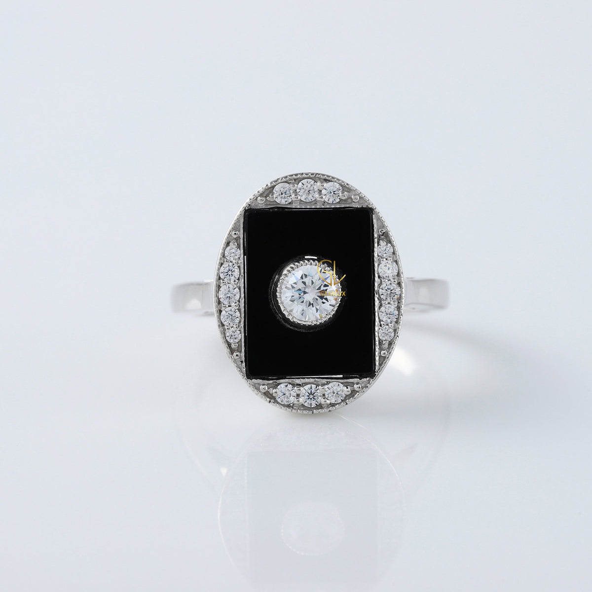 Black Onyx 1920s Vintage Art Deco Round Moissanite Cocktail Ring