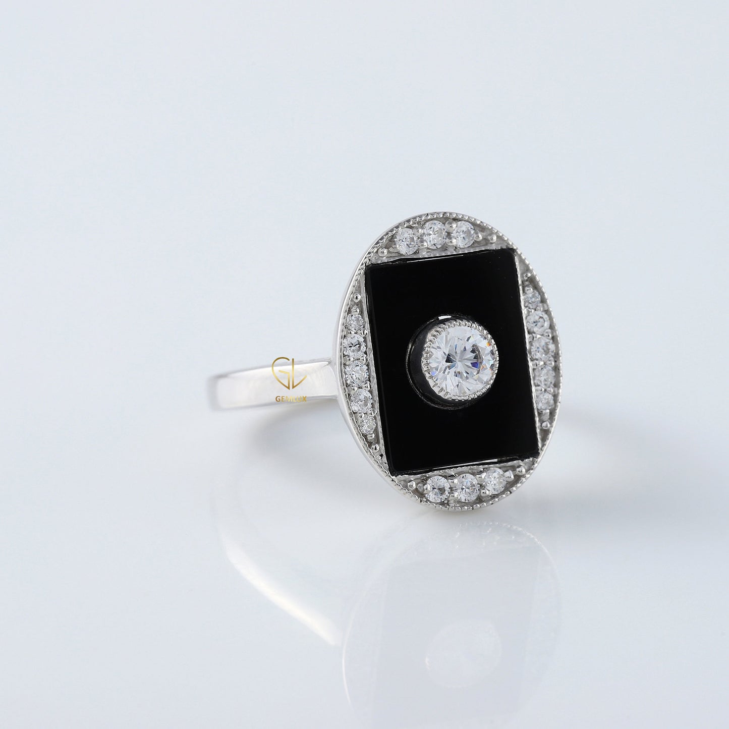Black Onyx 1920s Vintage Art Deco Round Moissanite Cocktail Ring