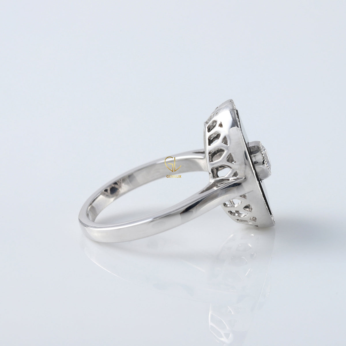 Black Onyx 1920s Vintage Art Deco Round Moissanite Cocktail Ring
