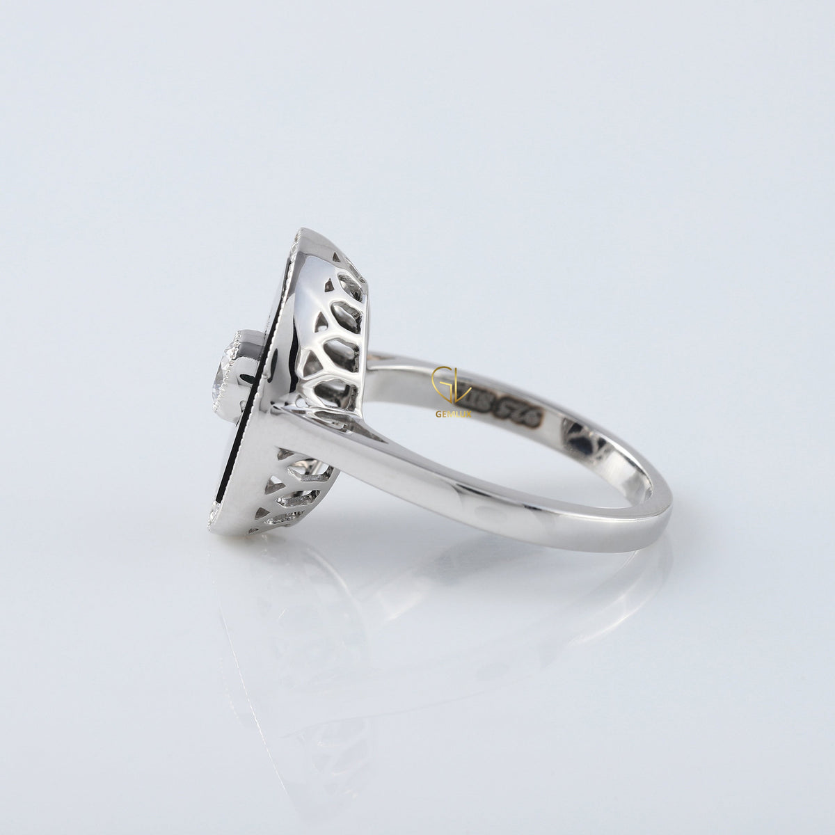 Black Onyx 1920s Vintage Art Deco Round Moissanite Cocktail Ring
