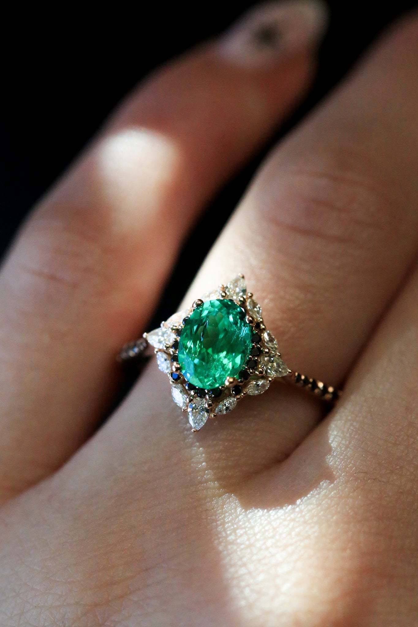 "North Star" - Oval Lab-Grown Emerald Engagement Ring With Diamond Halo & Diamond Accents